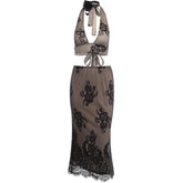 Halter self tie lace backless v neck midi skirt set